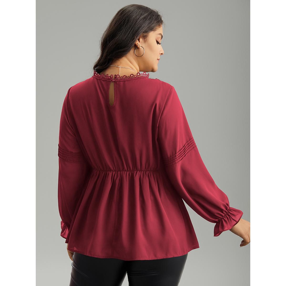 Plus Size Scarlet Plain Ruffles Elastic Waist Lace Patchwork Blouse Women Office Long Sleeve Stand-up collar Work Blouses BloomChic 28/5X Product Image