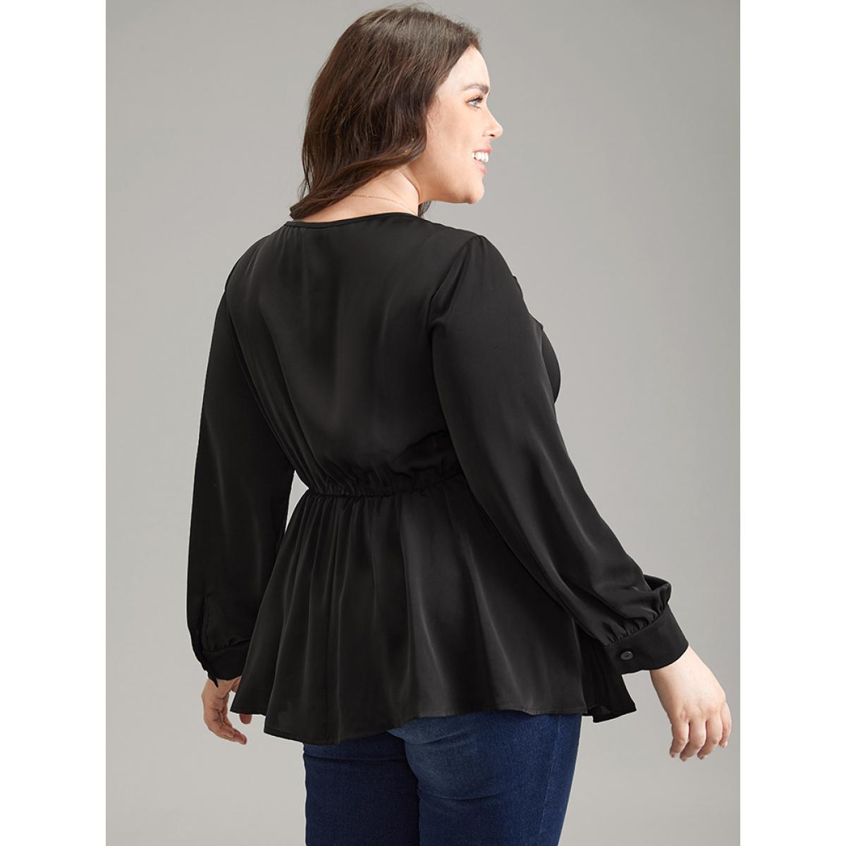 Plus Size Black Anti-Wrinkle Plain Ruched Elastic Waist Blouse Women Office Long Sleeve Round Neck Office Blouses BloomChic 10/M Product Image