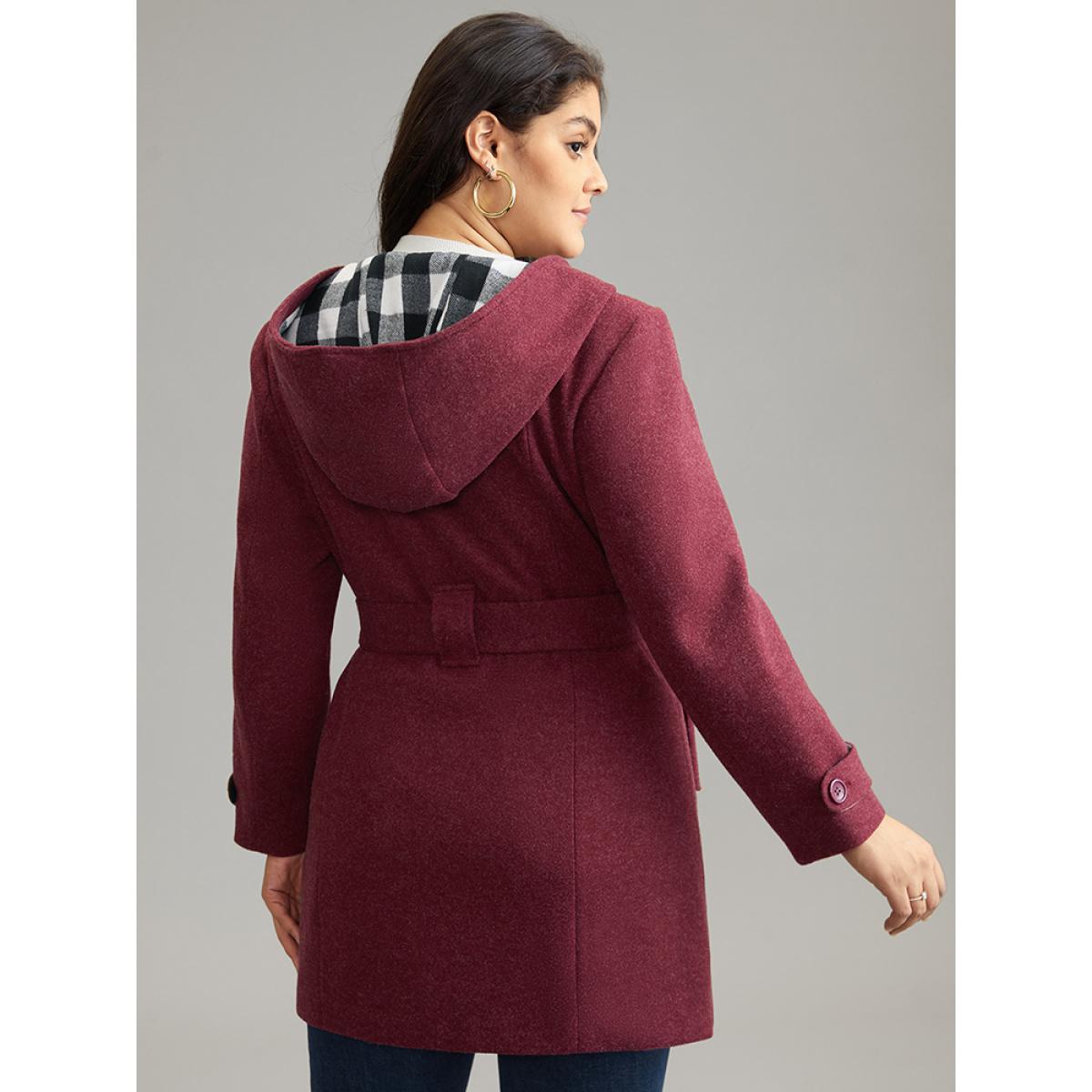 Plus Size Plaid Patchwork Double Breasted Belted Hooded Coat Women Burgundy Casual Lined Ladies Dailywear Winter Coats BloomChic 18-20/2X Product Image