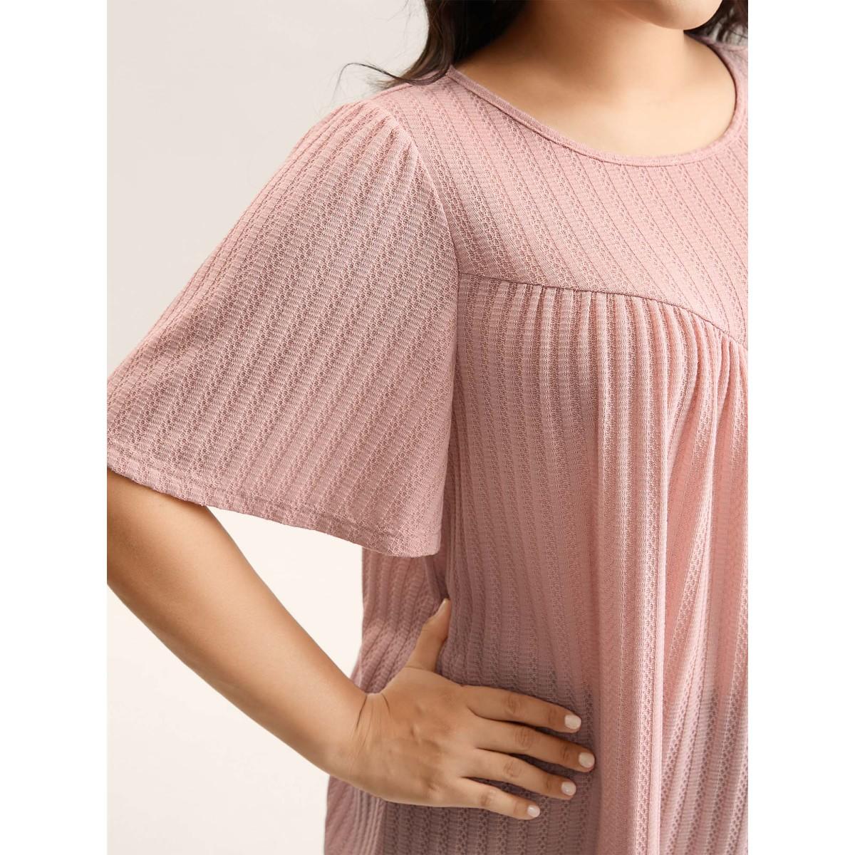 Plus Size Waffle Lotus Leaf Sleeve Flowy T-Shirt Nudepink Women Texture V-neck Loose Everyday-Casual T-shirts BloomChic 10/M Product Image