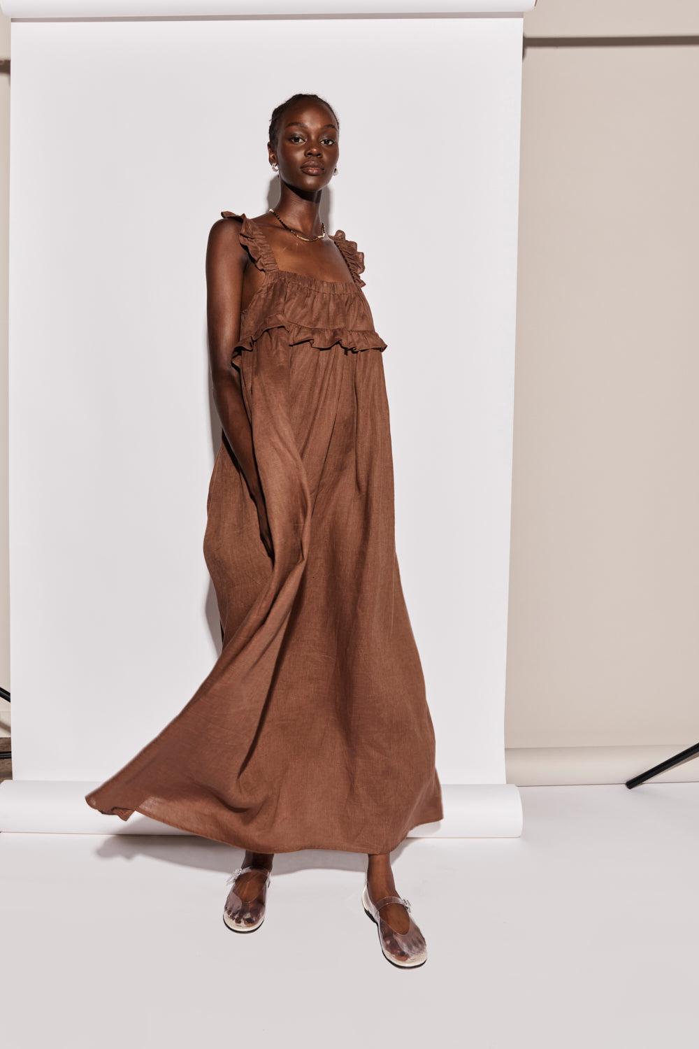 Rossana Linen Maxi Dress Chocolate Product Image