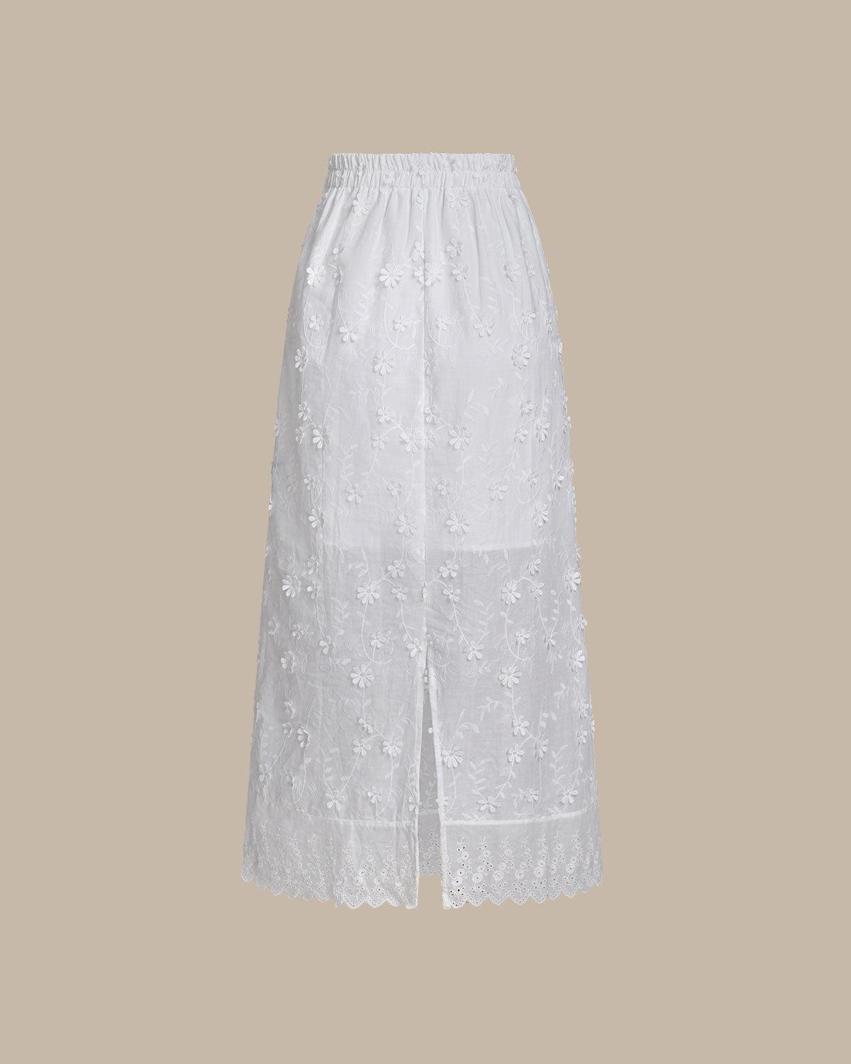 White Textured Elastic Waist Midi Skirt Product Image