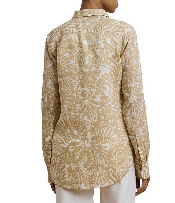 Lauren Ralph Lauren Petite Size Linen Floral Point Collar Long Roll-Tab Sleeve Button Front Shirt Product Image