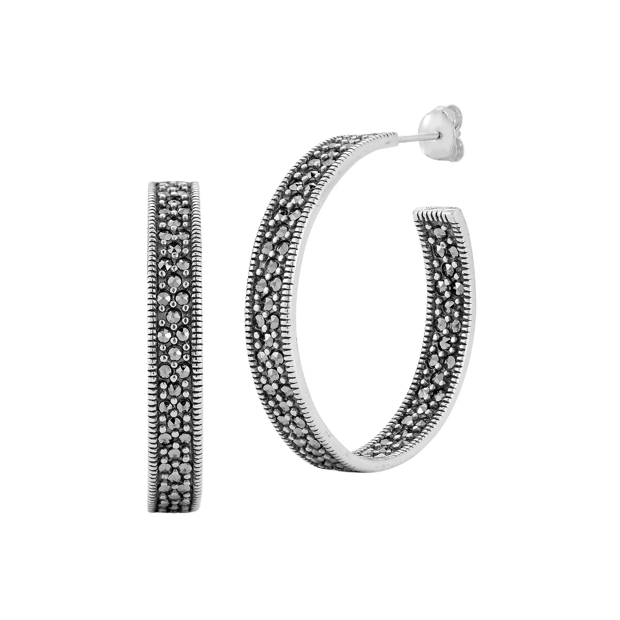 Sunkissed Sterling Sterling Silver Oxidized Flat Cubic Zirconia Large Hoop Earrings, Women's, Silver Tone Product Image