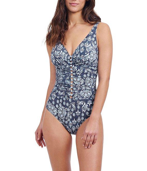 Profile by Gottex Flores Paisley Beaded D-Cup Bra Size V-Neck Tummy Control One Piece Swimsuit Product Image