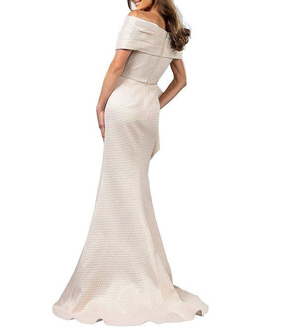 Terani Couture Off-The-Shoulder Ruffle Front Metallic Jacquard Mermaid Gown Product Image