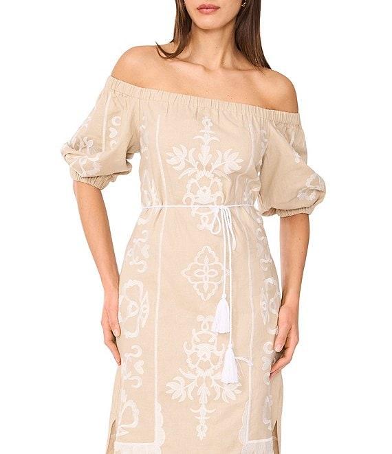 Vince Camuto Woven Off-the-Shoulder 3/4 Sleeve Embroidered Midi Shift Dress Product Image