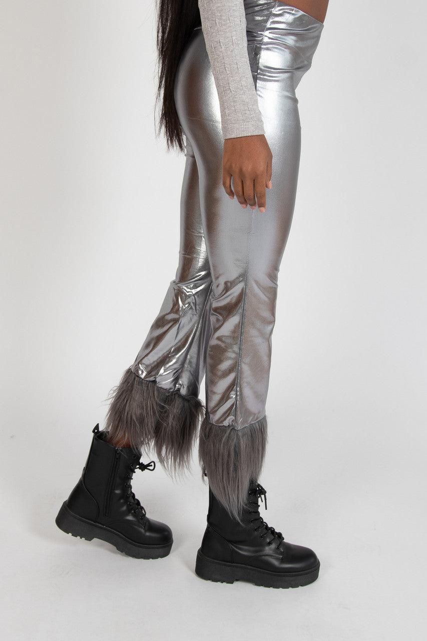 Metallic Fur Trim Flare Pants Product Image