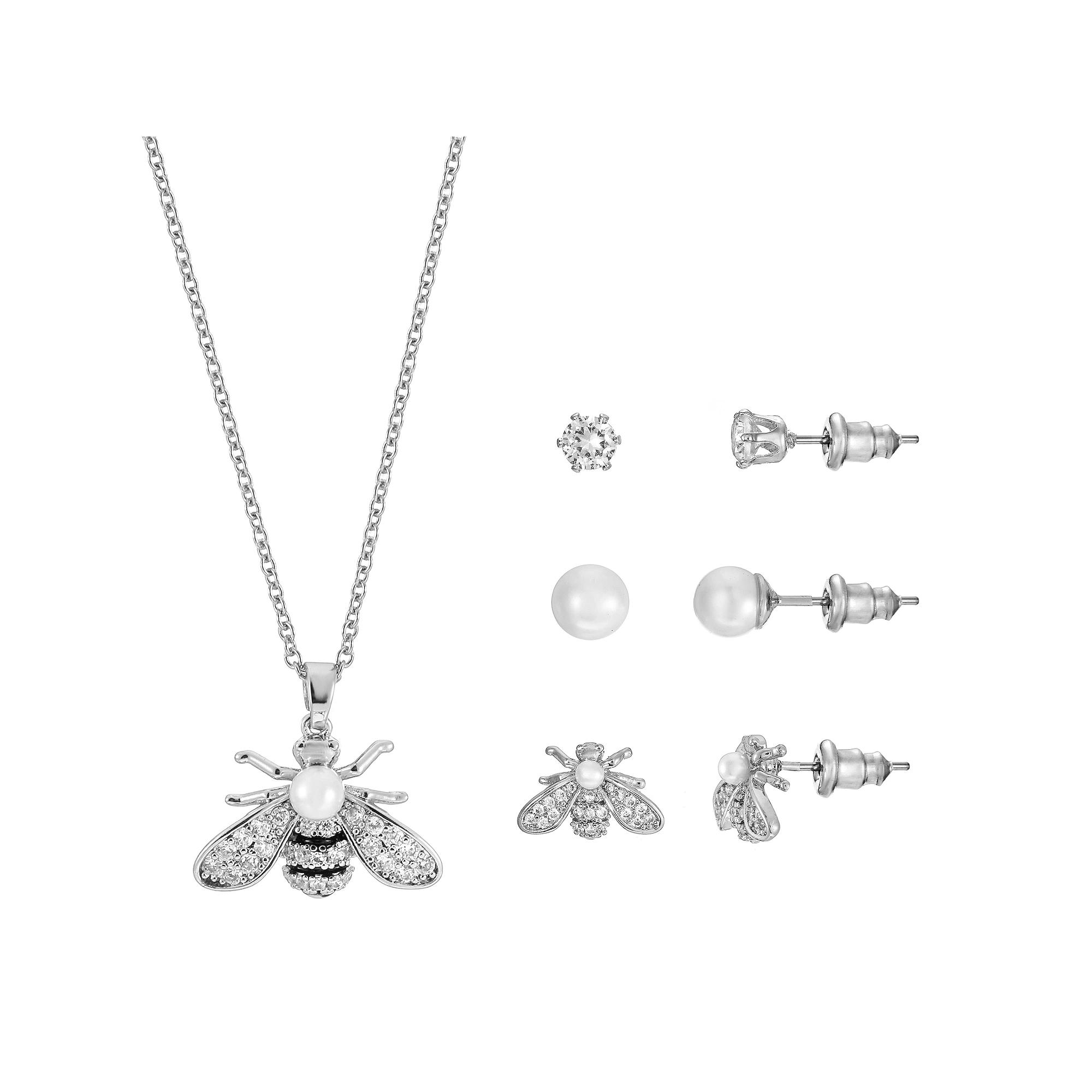Silver Tone Cubic Zirconia & Simulated Pearl Bumblebee Pendant Necklace & Stud Earrings Trio Set, Women's, Size: 16+3", Silver Tone Clear Product Image