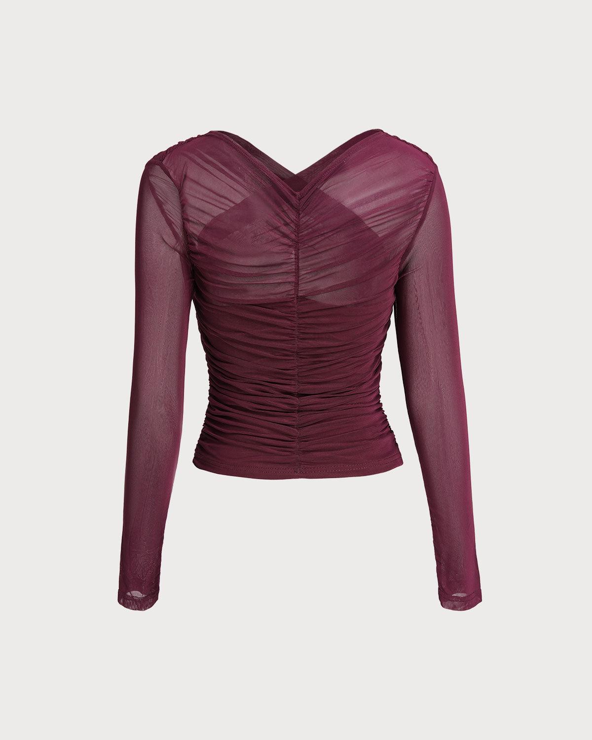 Wine Red V Neck Slim Mesh Tee Product Image