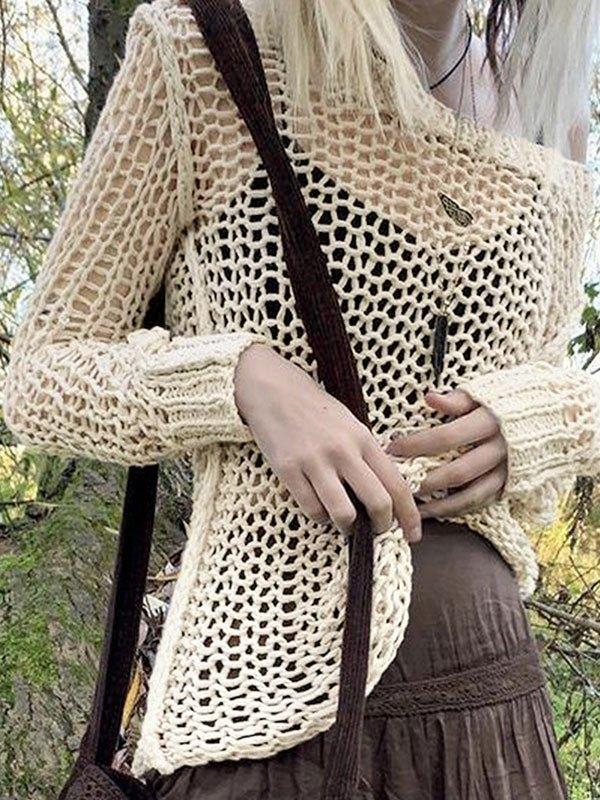 Crochet Hollow Long Sleeve Knit Top Product Image