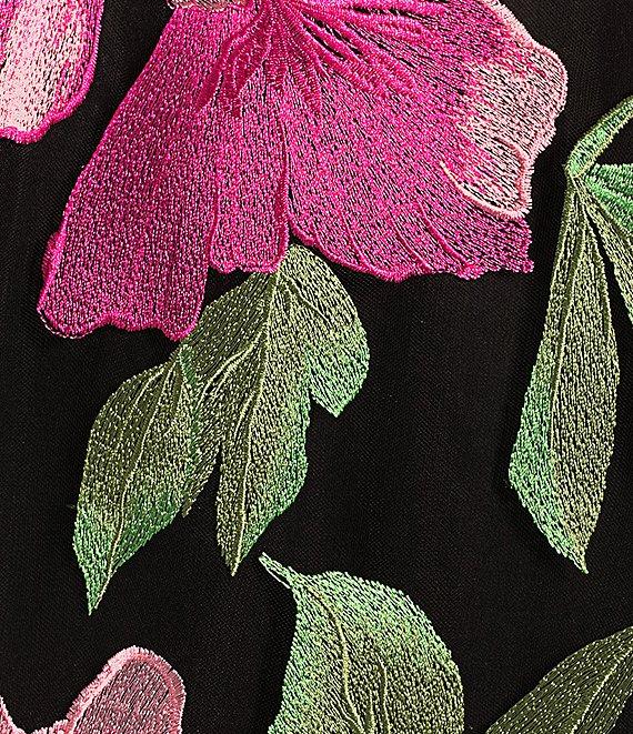 Caroline Rose Abundant Blooms Embroidered Mesh Round Neck 3/4 Sleeve A-Line Dress Product Image