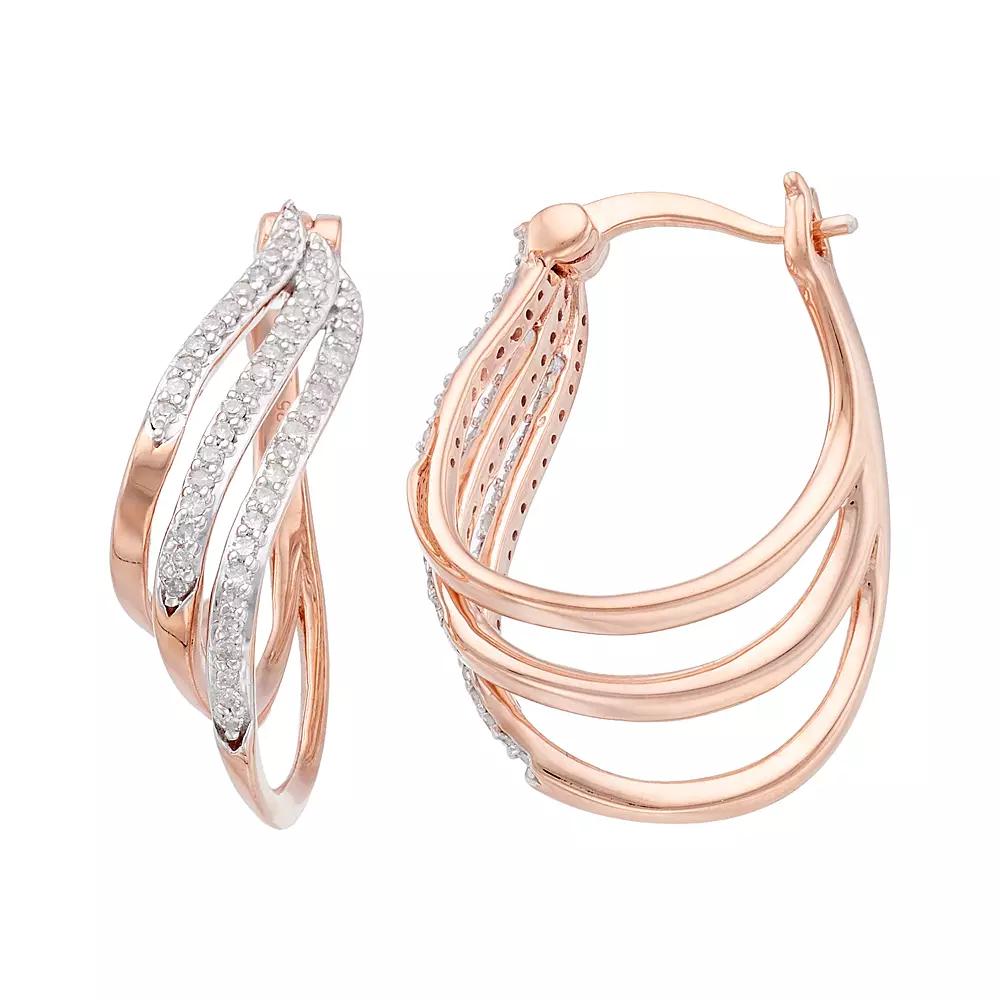 14k Rose Gold Over Silver 1/3 Carat T.W. Diamond U-Hoop Earrings, Women's, Gold Tone Product Image