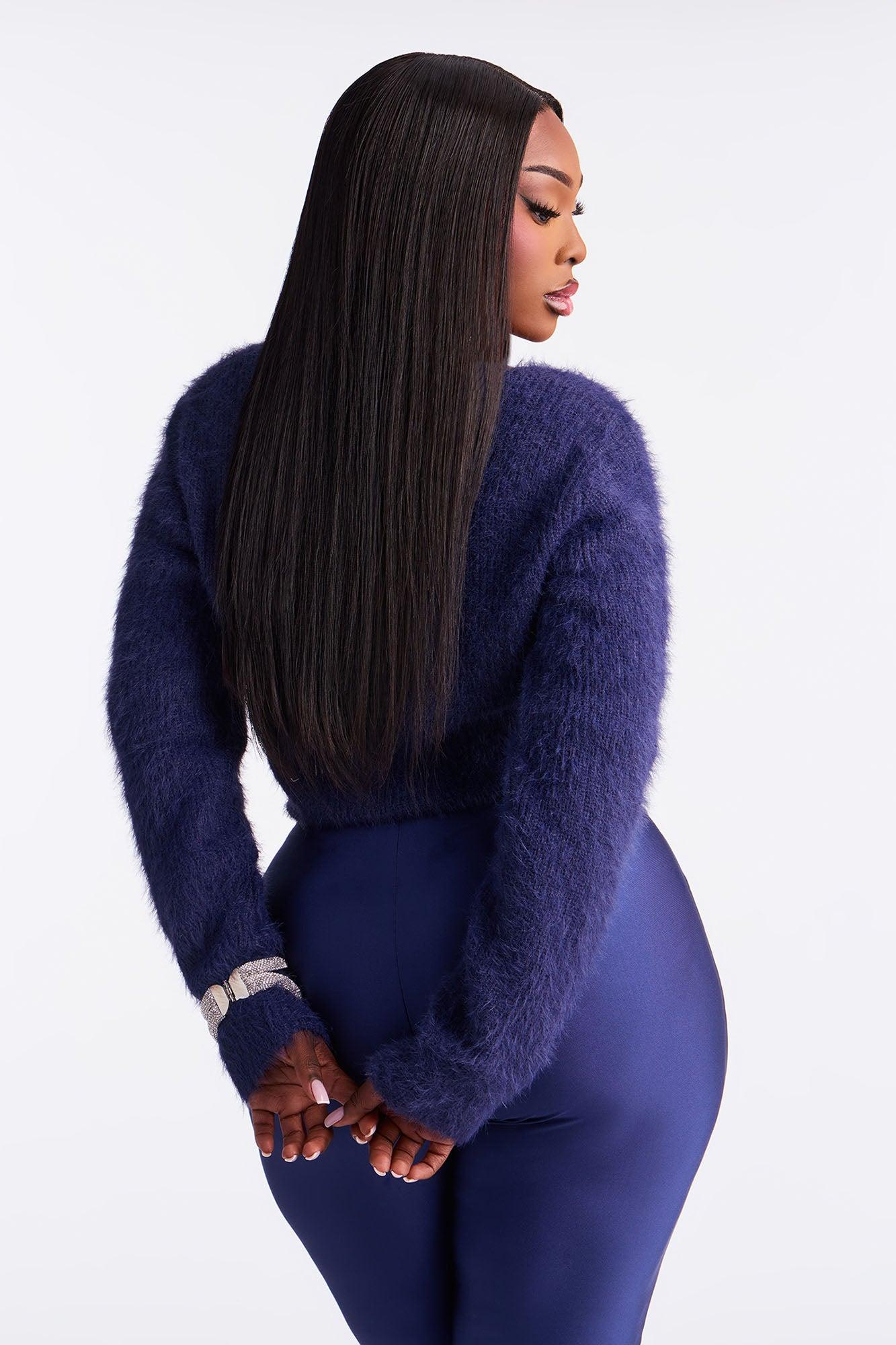 Sweet Lemonade Fuzzy Sweater Top - Navy Female Product Image