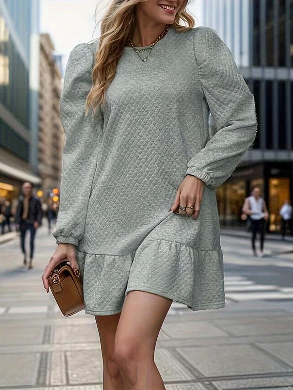 A-Line Long Sleeves Jacquard Pleated Solid Color Split-Joint Round-Neck Mini Dresses Product Image
