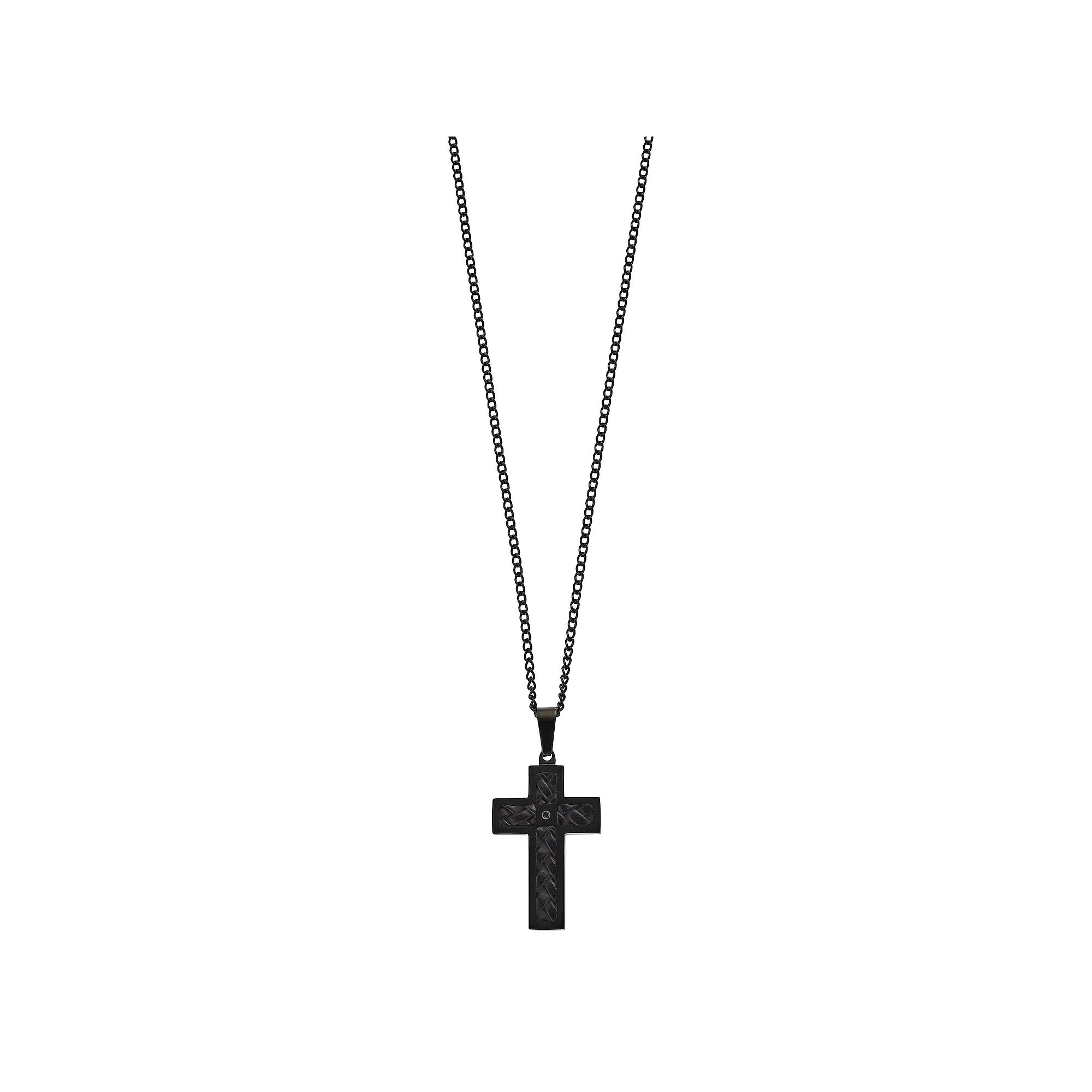 Men's Black Ion Over Stainless Steel Leather Cross Pendant Necklace, Size: 24" Product Image