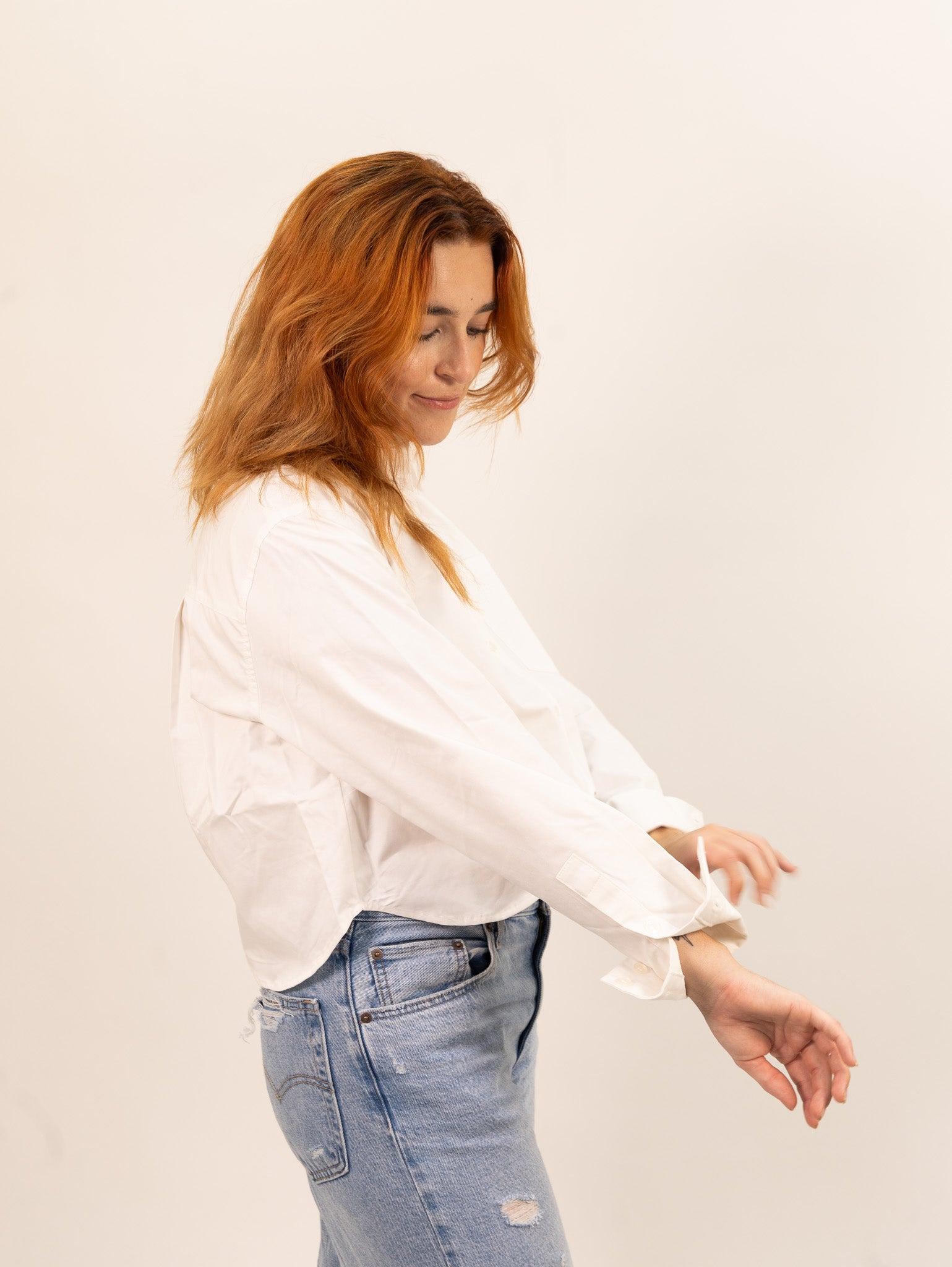 Moon River Cropped Curved Hem Shirt - White Product Image