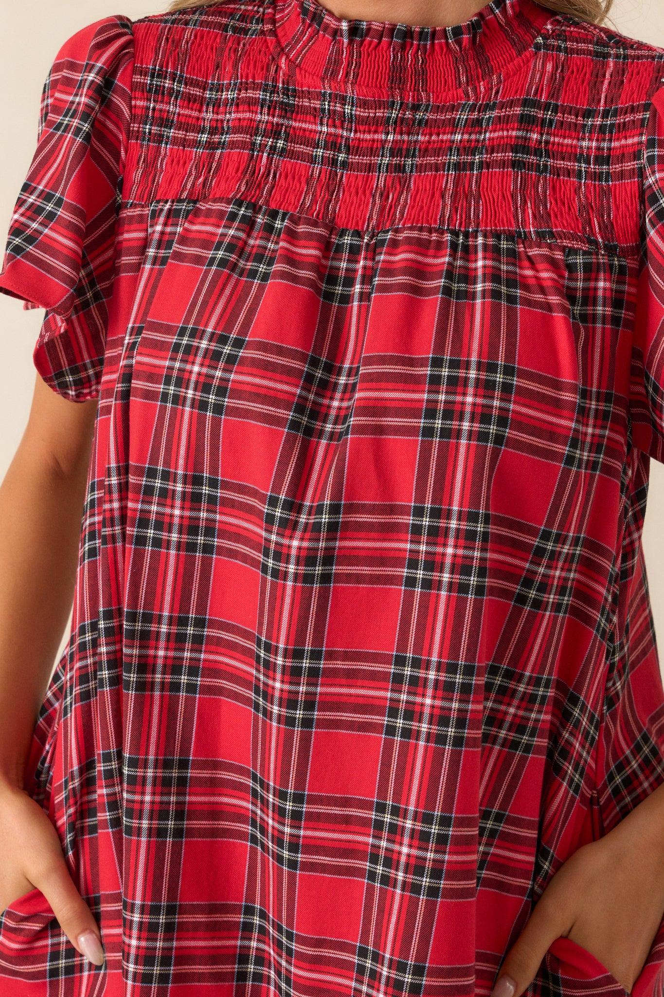 Candlelight Chats Cotton Red Plaid Mock Neck Mini Dress Product Image