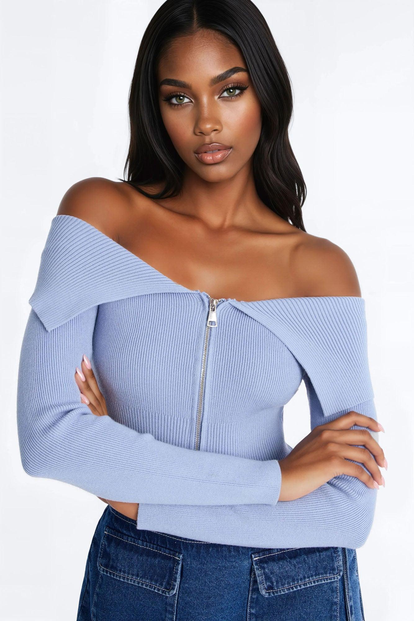 Say My Name Off Shoulder Sweater - Dusty Blue Female Product Image
