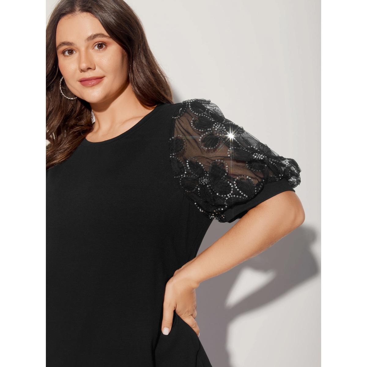 Plus Size Floral Sequin Mesh Round Neck T-shirt Black Women Timeless See through Round Neck Elegant T-shirts BloomChic 14-16/1X Product Image