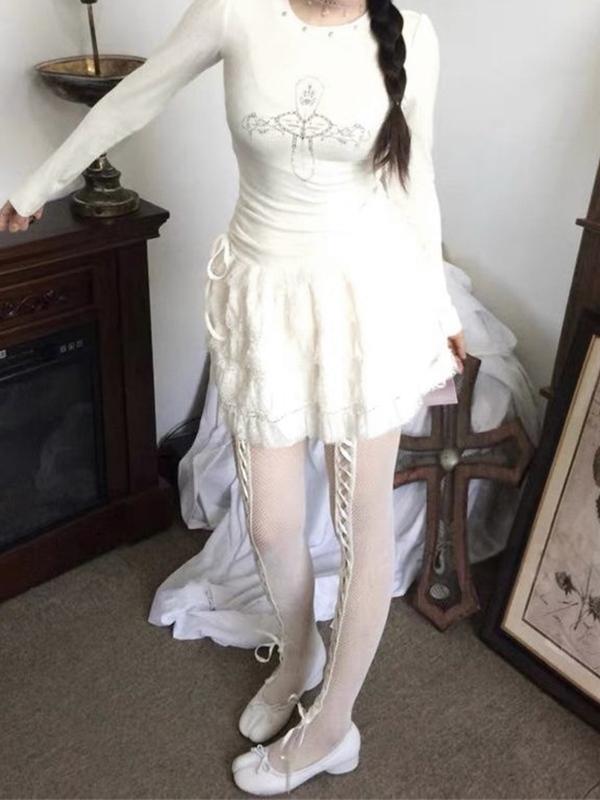 Rhinestone Print Drawstring Tiered Knit Mini Dress Product Image