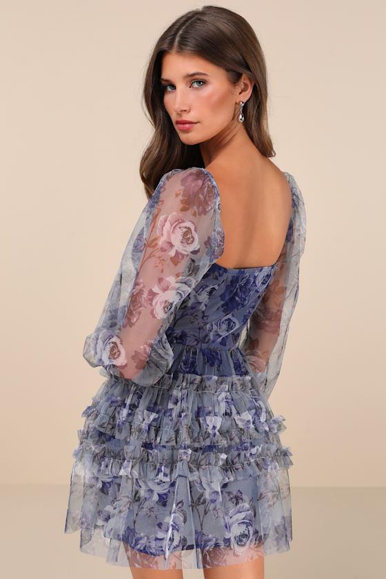 Adoring Whimsy Blue Floral Mesh Ruffled Mini Dress Product Image