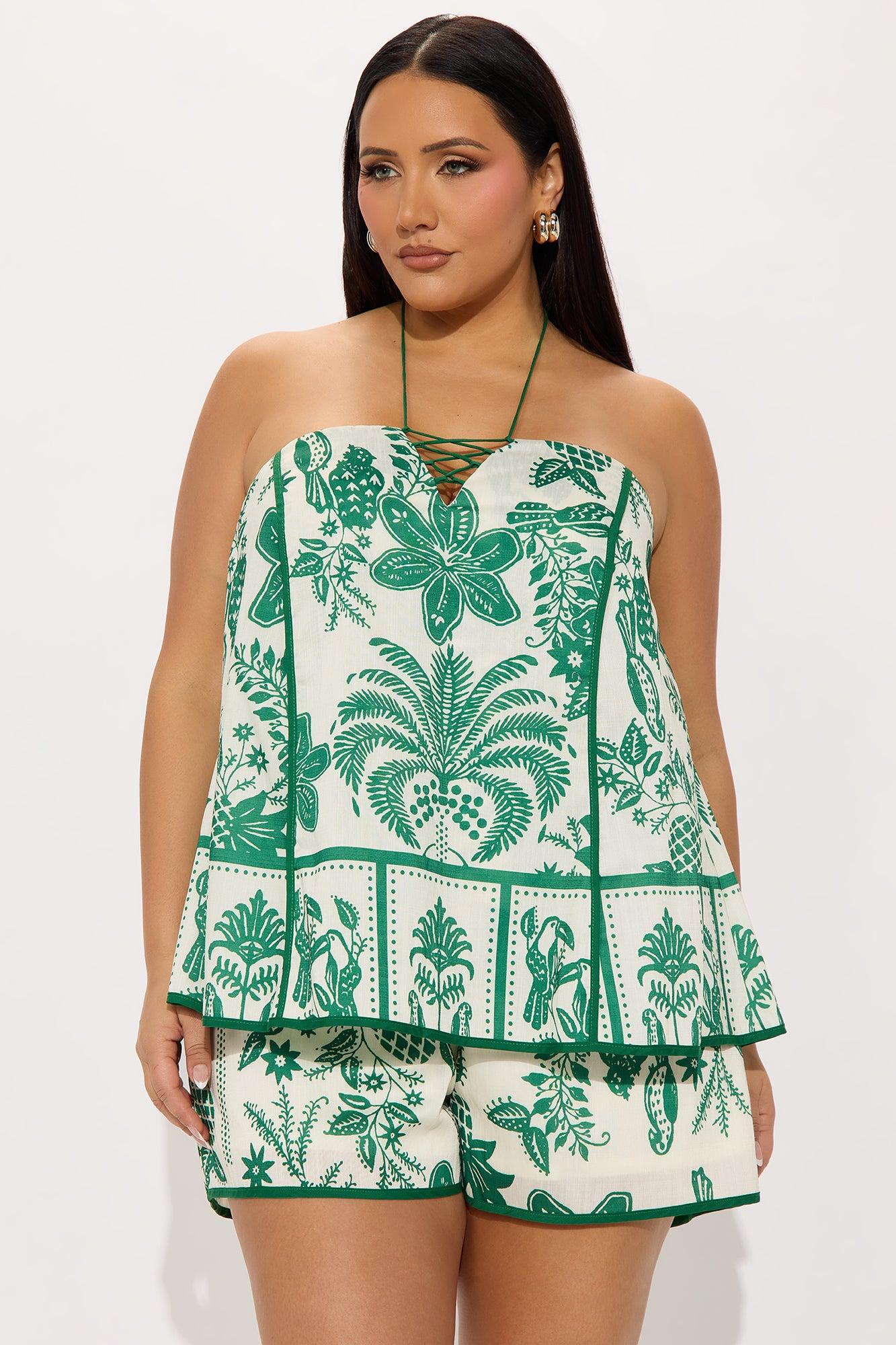 Taking My Time Linen Halter Romper - Green/combo Female Product Image