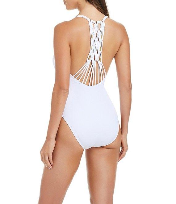 Bleu Rod Beattie La Cote D'Azur Solid Back Macrame Plunge One Piece Swimsuit Product Image