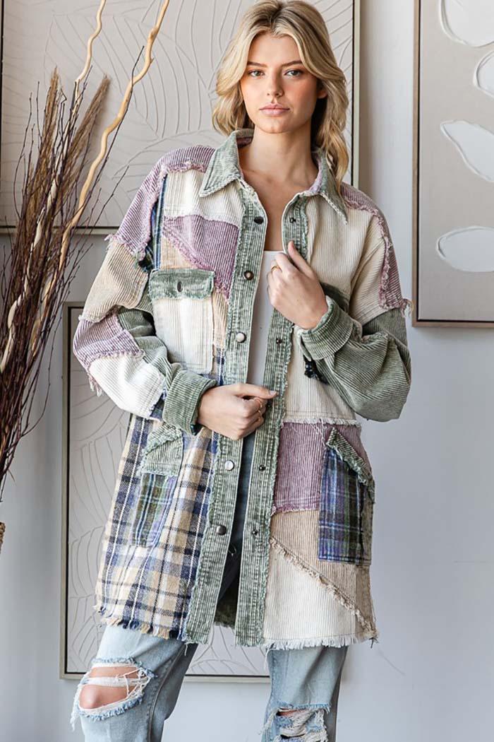 Patchwork Corduroy Long Sleeve Shacket Product Image