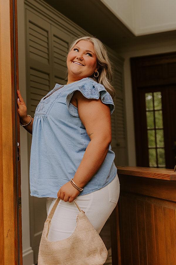Farmers Market Cutie Embroidered Chambray Top in Light Wash Curves Product Image