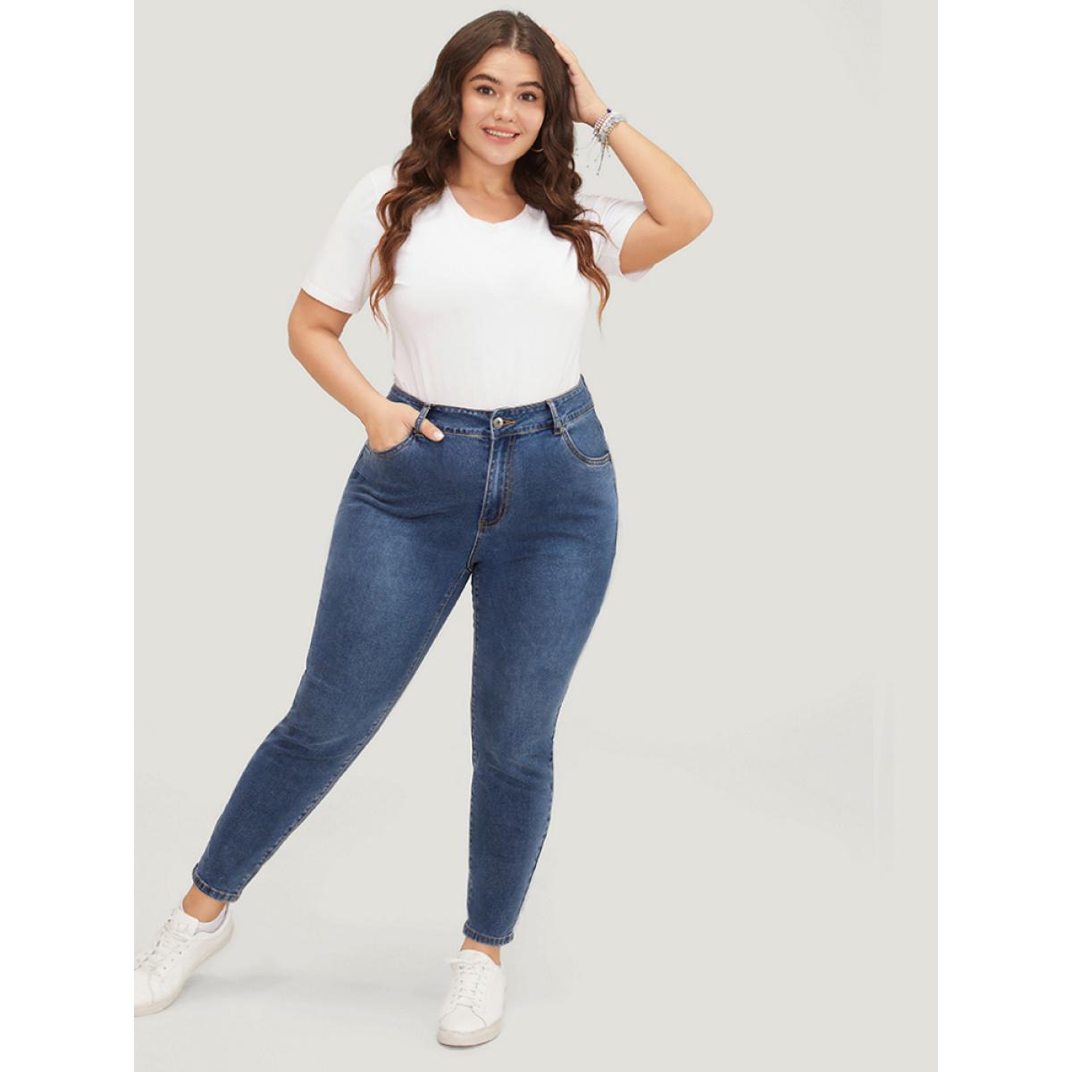 Plus Size Skinny Very Stretchy High Rise Medium Wash Ankle Jeans Women Blue Casual Plain High stretch Pocket Jeans BloomChic 14/1X Product Image
