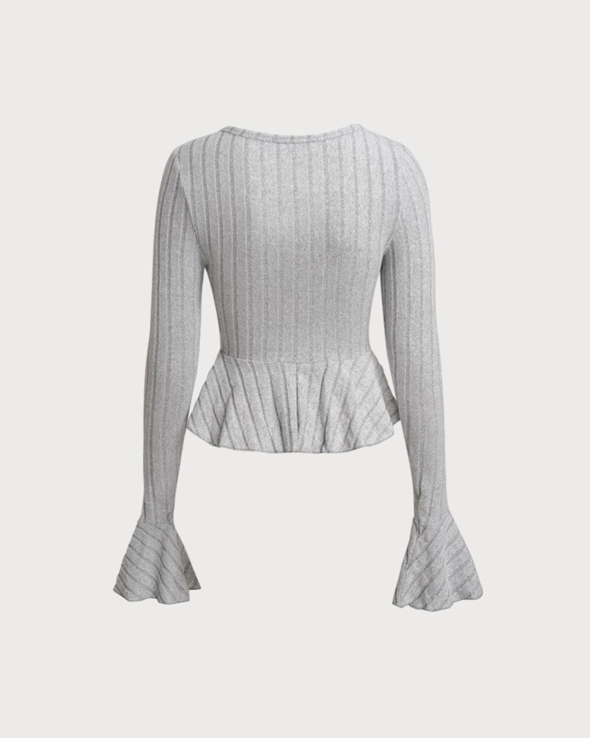 Grey V Neck Bell Sleeve Knit Tee Product Image