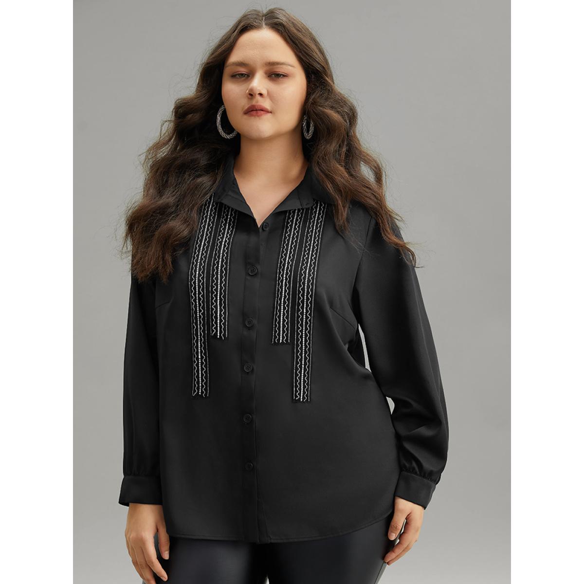 Plus Size Black Twill Rhinestone Contrast Webbing Button Through Blouse Women Glamour Long Sleeve Shirt collar Going out Blouses BloomChic 12/L Product Image