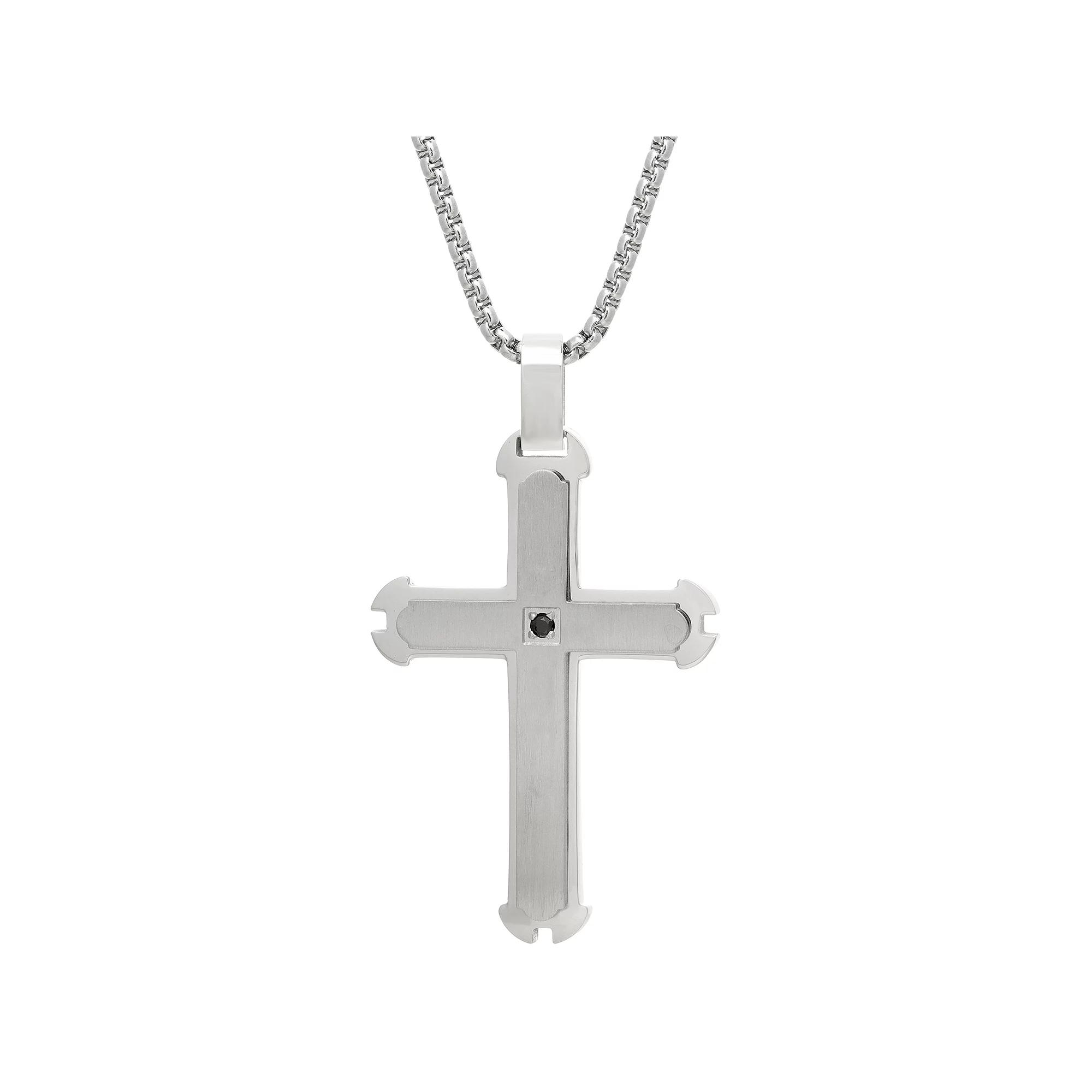 LYNX Stainless Steel Black Cubic Zirconia Layered Cross Pendant - Men's, Size: 24" Product Image