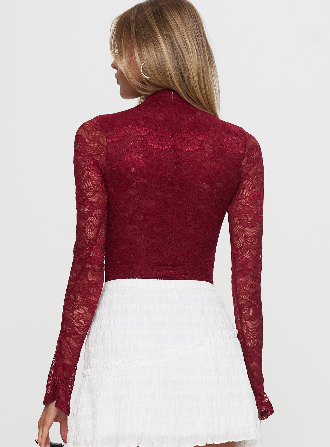 Twisted Humour Long Sleeve Lace Bodysuit Burgundy Product Image