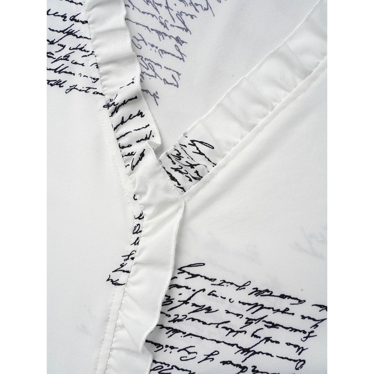 Plus Size Originalwhite Text Pattern Ruffled Lantern Sleeve Blouse Women Office Elbow-length sleeve V-neck Office Blouses BloomChic 18-20/2X Product Image