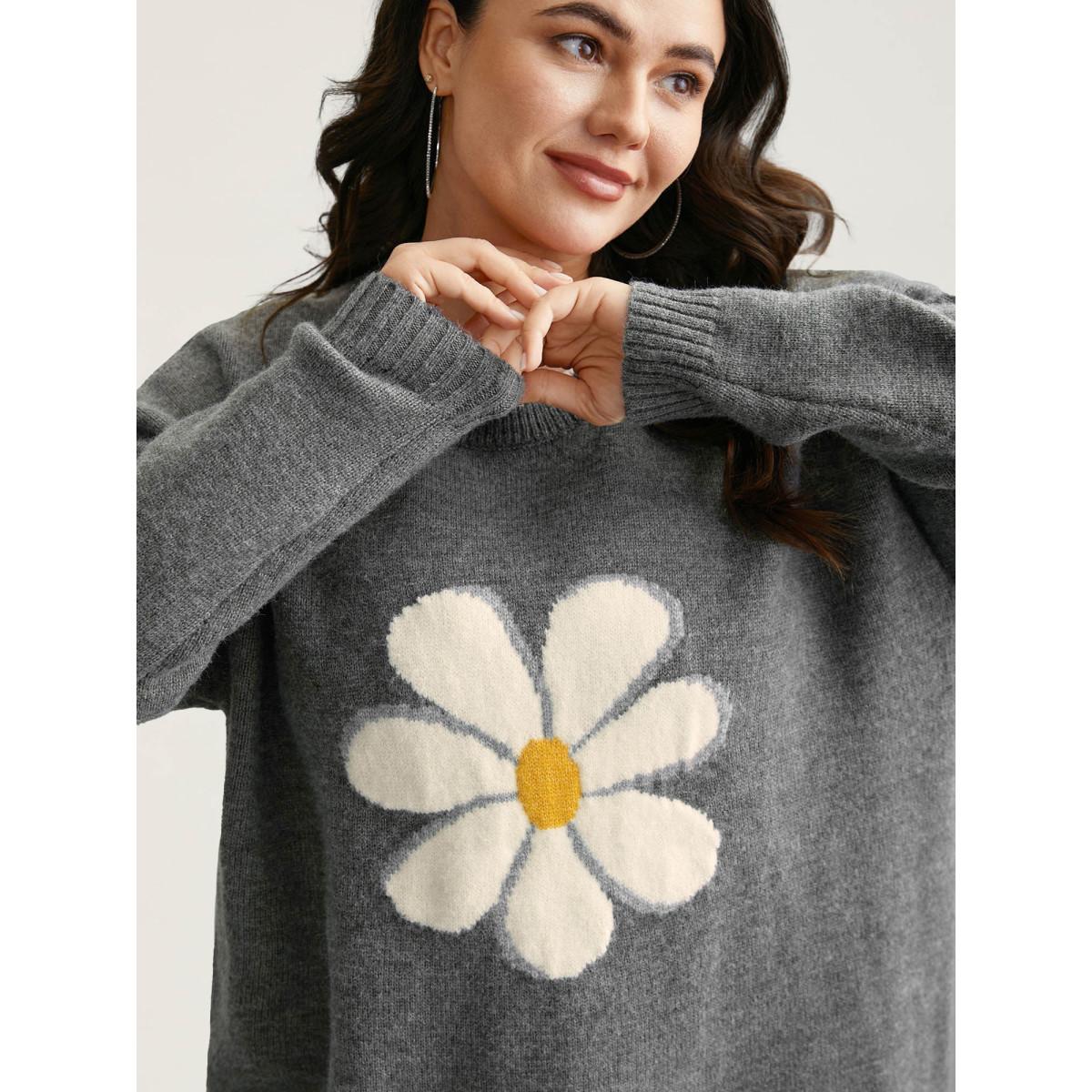 Plus Size Floral Textured Crew Neck Pullover DarkGray Women Playful Loose Long Sleeve Round Neck Casual Pullovers BloomChic 22-24/3X Product Image