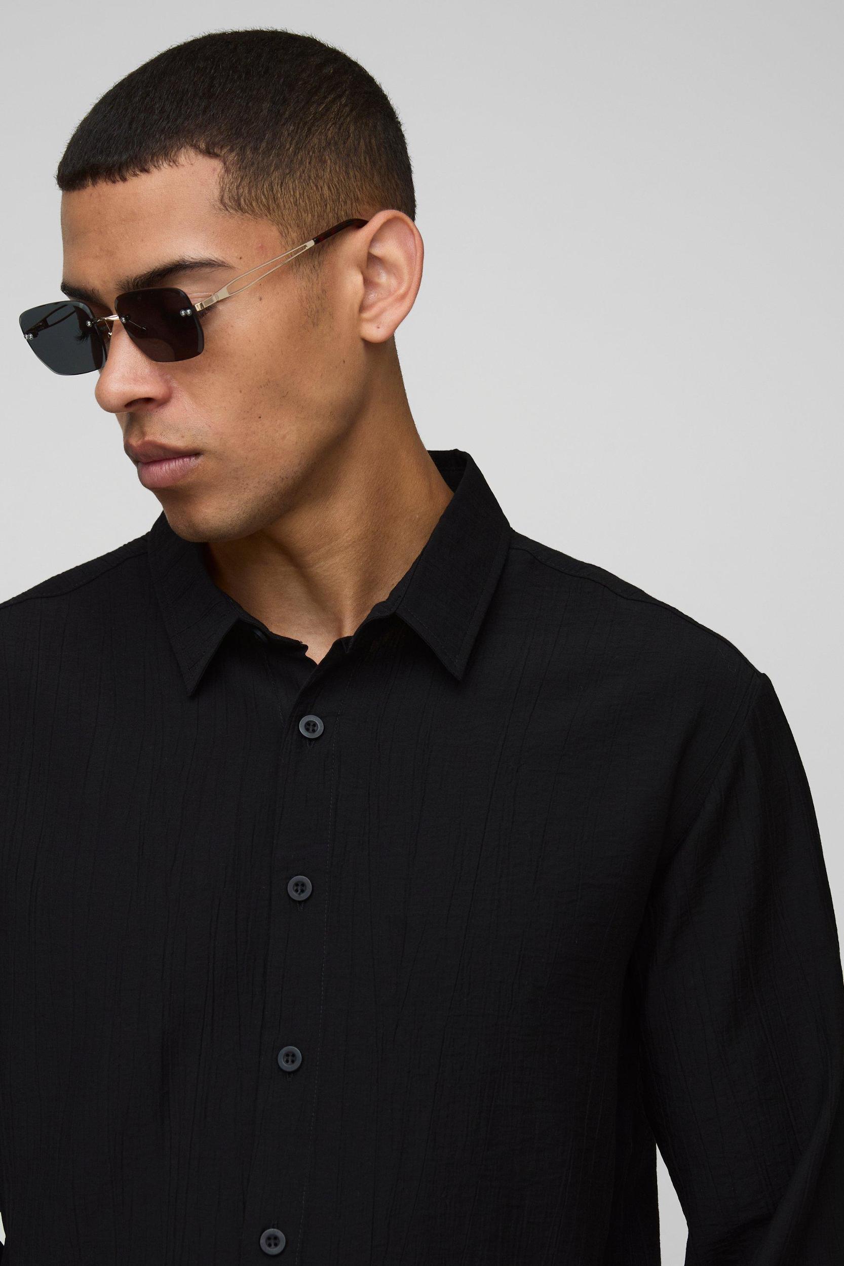 Regular Fit Crinkle Cotton Long Sleeve Shirt | boohooMAN USA Product Image