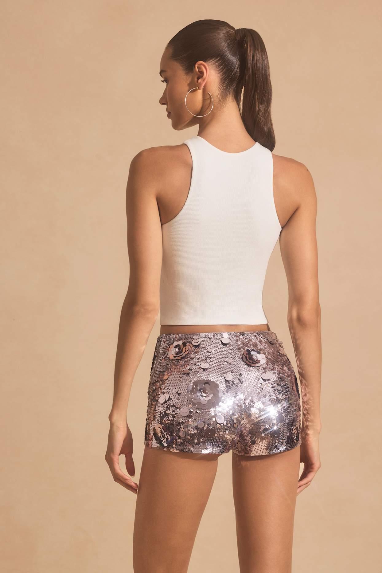 Sequin-Embellished Mini Shorts in Silver Product Image