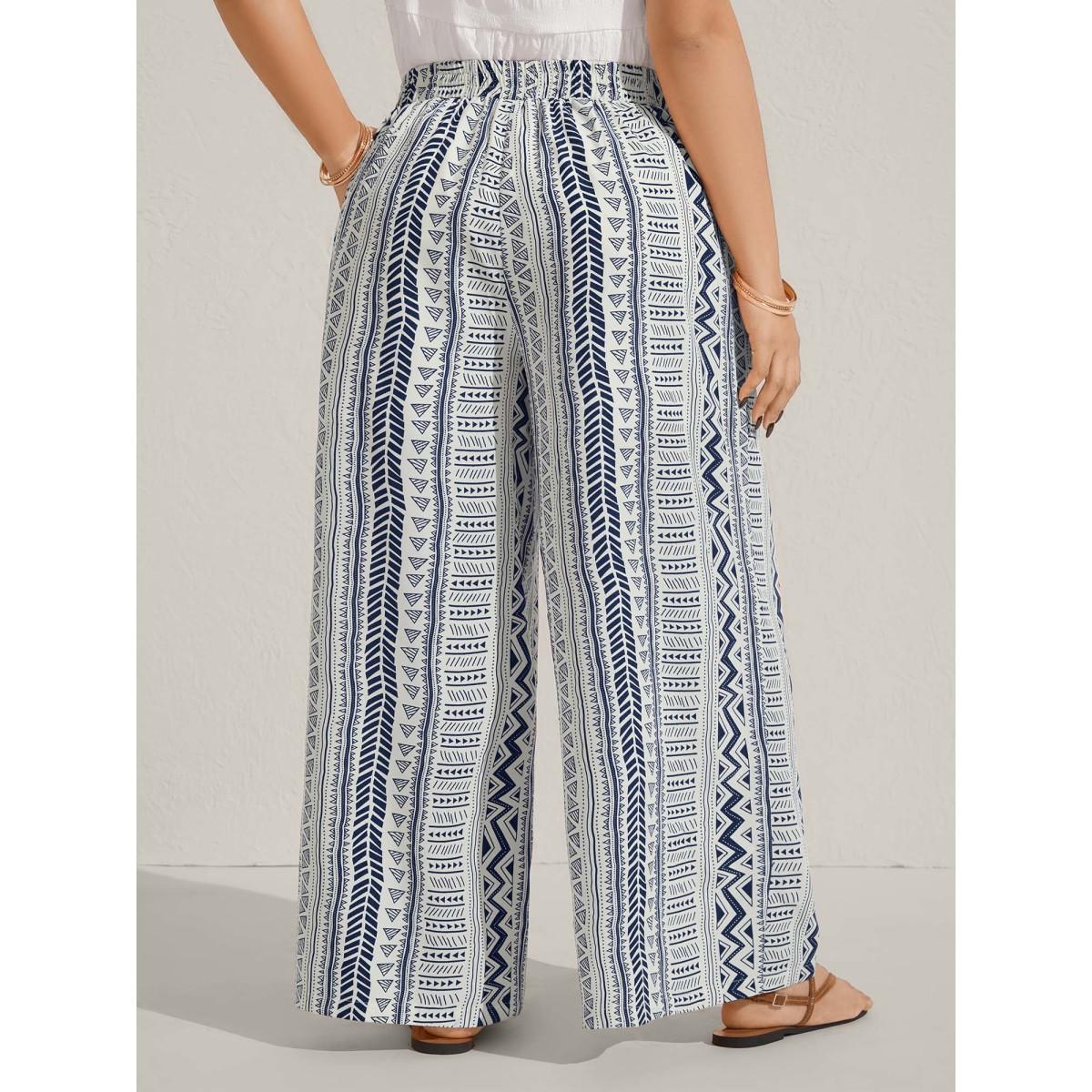 Plus Size Waist-Tie Wide-Leg Boho Print Pants Women LightBlue Leisure Wide Leg Mid Rise Casual Pants BloomChic 26/4X Product Image
