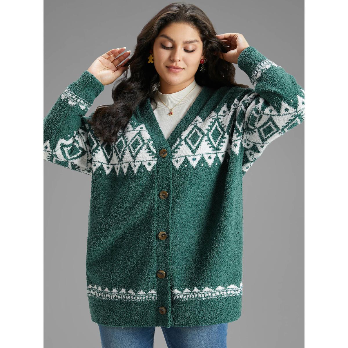 Plus Size Fuzzy Geo Graphic Button Fly Cardigan DarkGreen Women Casual Loose Long Sleeve Festival-Christmas Cardigans BloomChic 26/4X Product Image