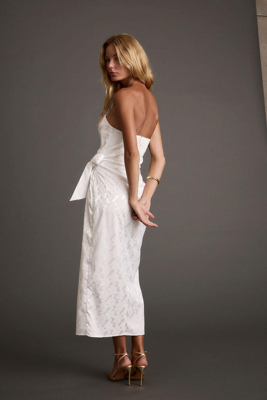 Brighton White Strapless Satin Wrap Dress Product Image