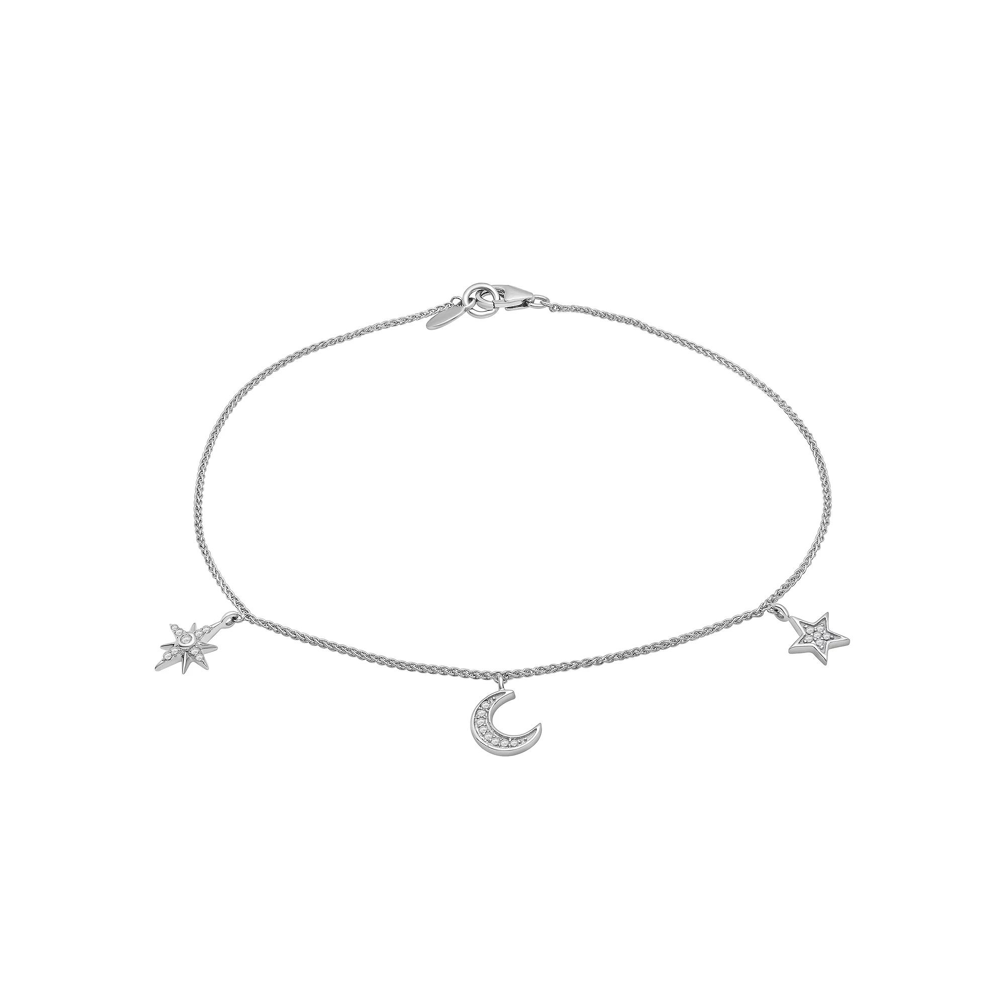 Sterling Silver 1/10 Carat T.W. Diamond Moon & Stars Anklet, Women's, Size: 10" Product Image