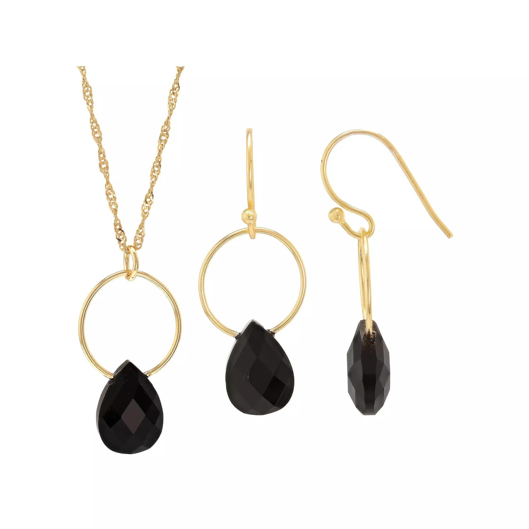 Gemistry 14k Gold Over Silver Black Onyx Circle Drop Earrings & Necklace Set, Women's, Size: 18", Gold Tone Product Image