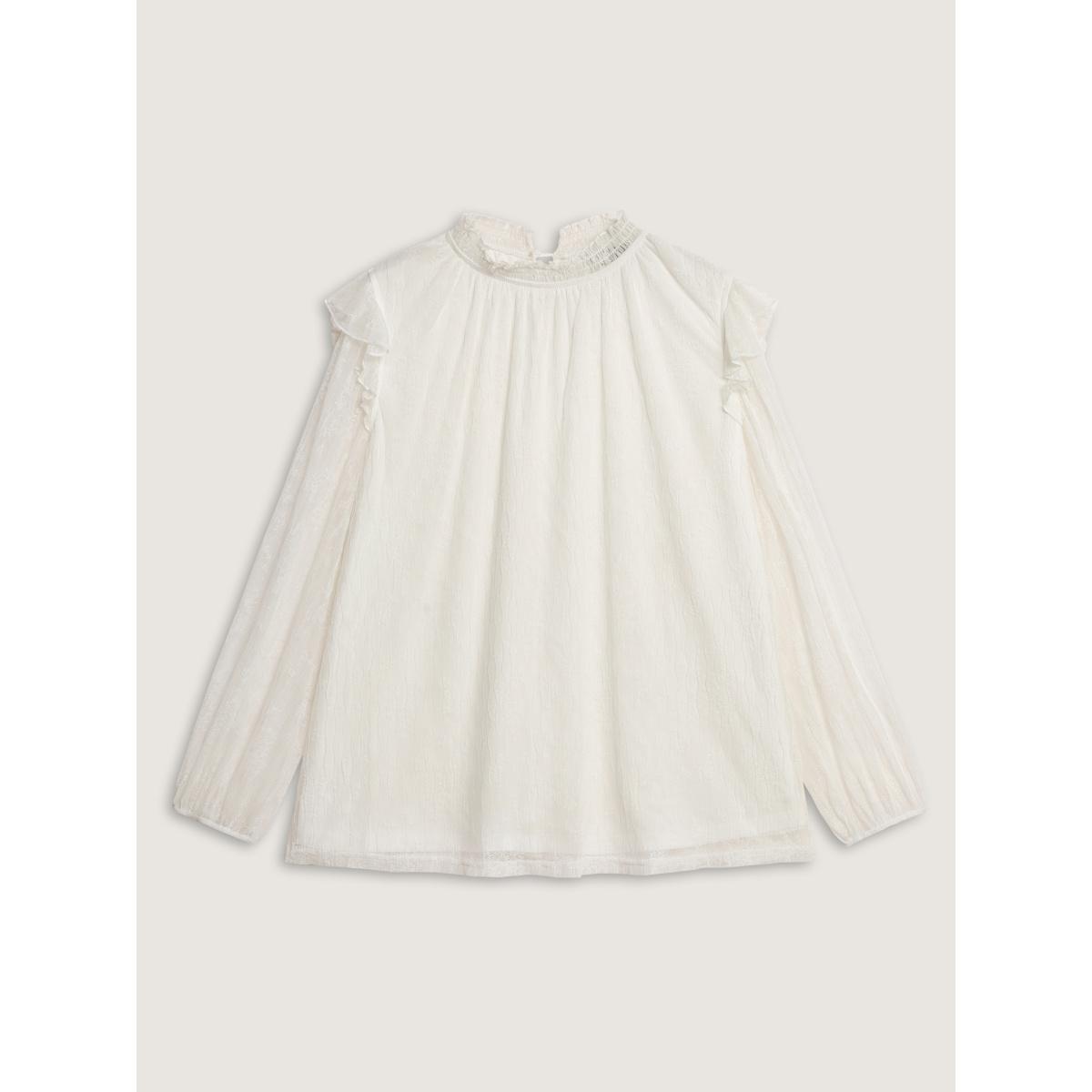 Plus Size Ivory Pleated Lace Mock Neckline Sheer Blouse Women Romantic Long Sleeve Mock Neck Elegant Blouses BloomChic 12/L Product Image