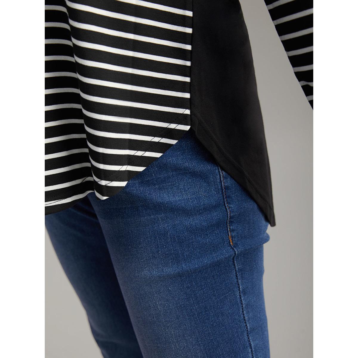 Plus Size Striped Contrast Patched Pocket Arc Hem T-shirt Black Women Casual Contrast Striped Round Neck Dailywear T-shirts BloomChic 14-16/1X Product Image
