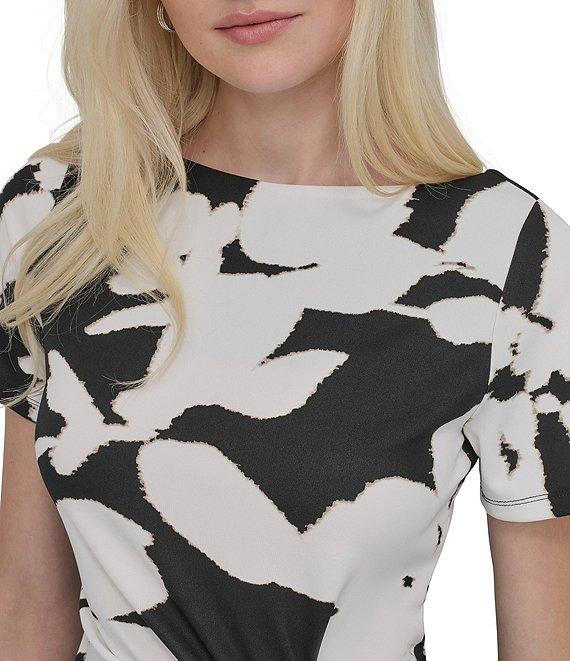 DKNY by Donna Karan Matte Jersey Floral Print Boat Neck Short Sleeve Twist Front Sheath Midi Dress Product Image