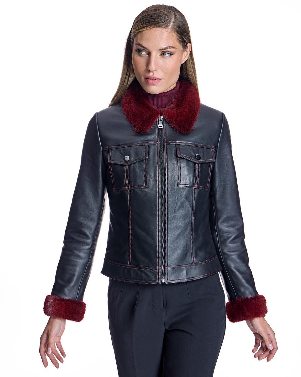 Leather Jacket with Mink Collar and Cuffs Product Image