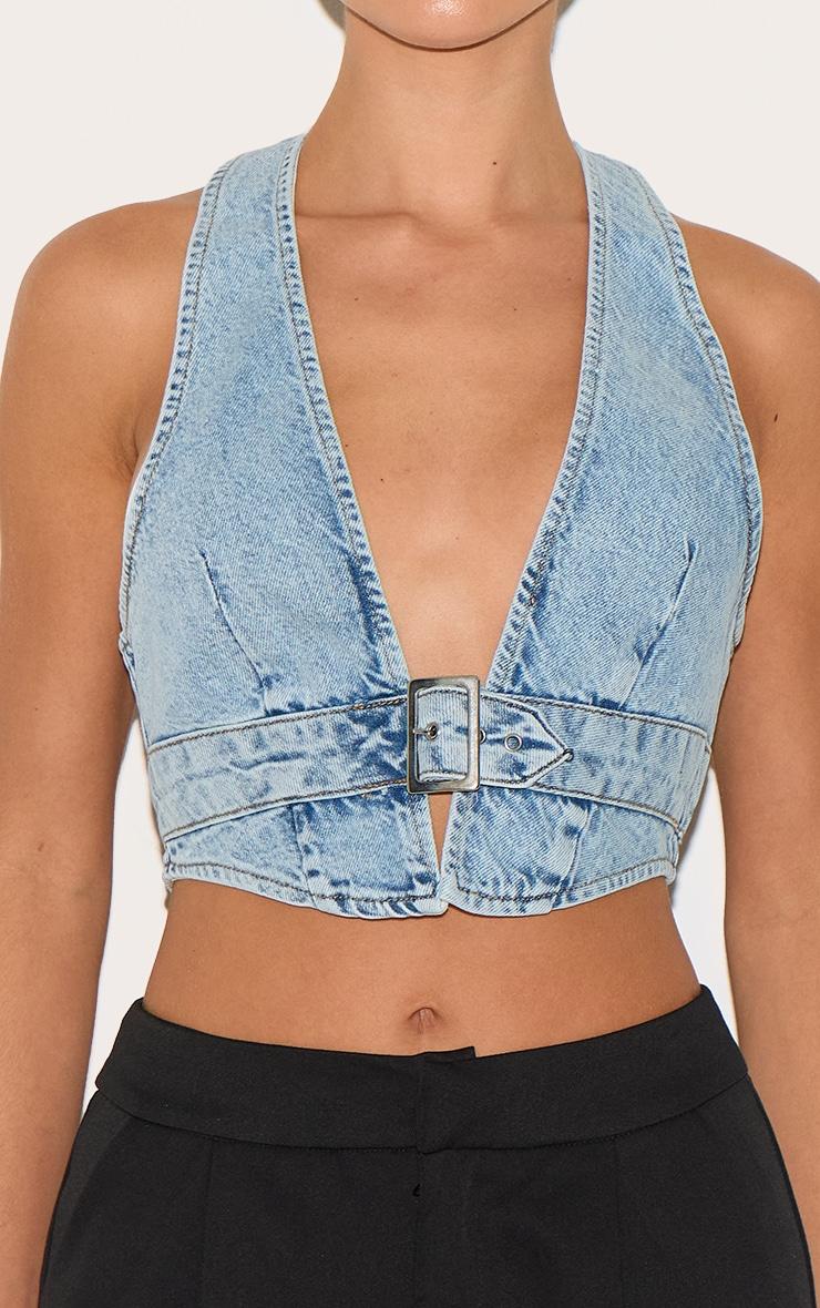 Light Blue Wash Buckle Front Denim Halterneck Top Product Image