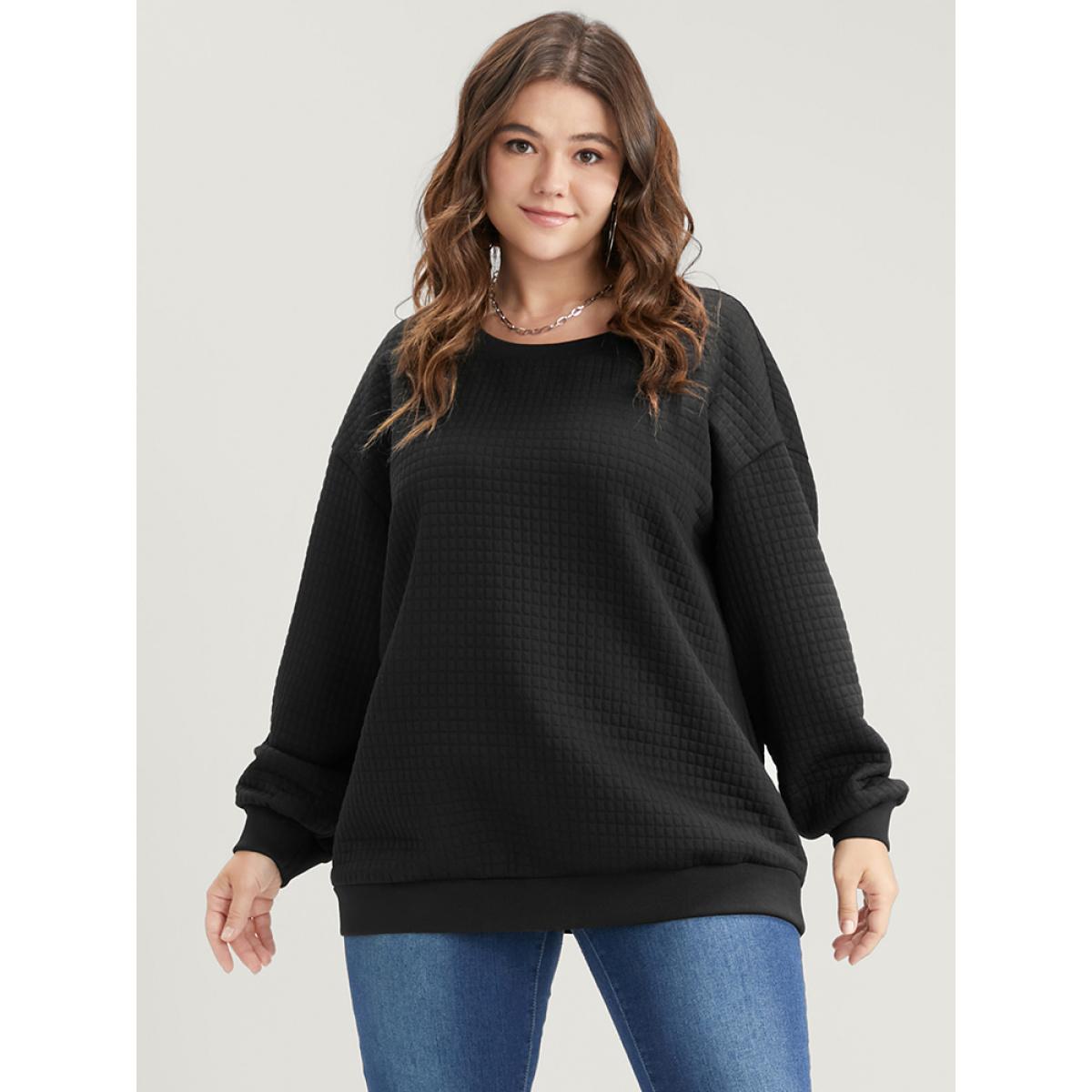 Plus Size Solid Textured Drop Shoulder Sweatshirt Women Black Casual Round Neck Dailywear Sweatshirts BloomChic 26/4X Product Image